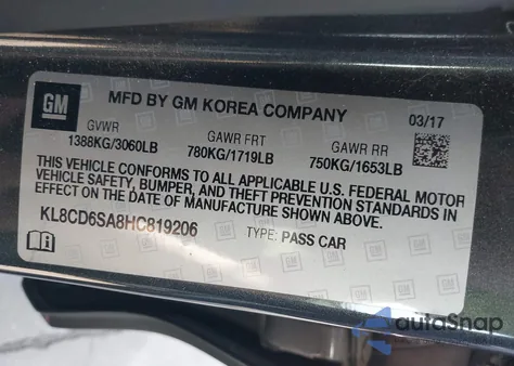 2017 Chevrolet Spark 1Lt Cvt из США, поврежденный, VIN KL8CD6SA8HC819206